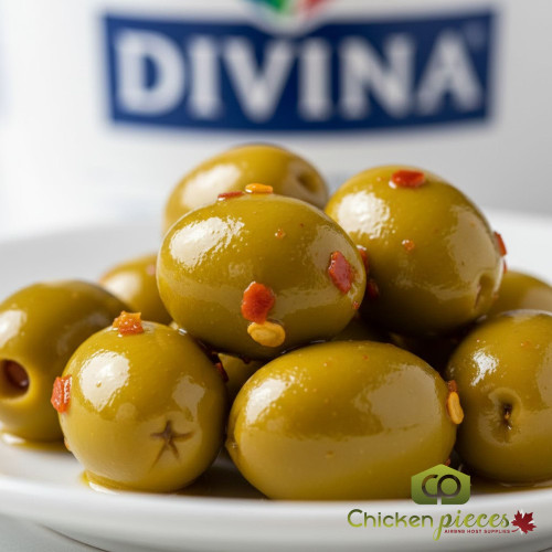 Divina tangerine and chili marinated pitted green olives 7.4 lb pail Gourmet citrus and spicy infused green olives for bars Bulk 7.4 lb container of pitted Greek olives with tangerine oil -CHICKEN PIECES