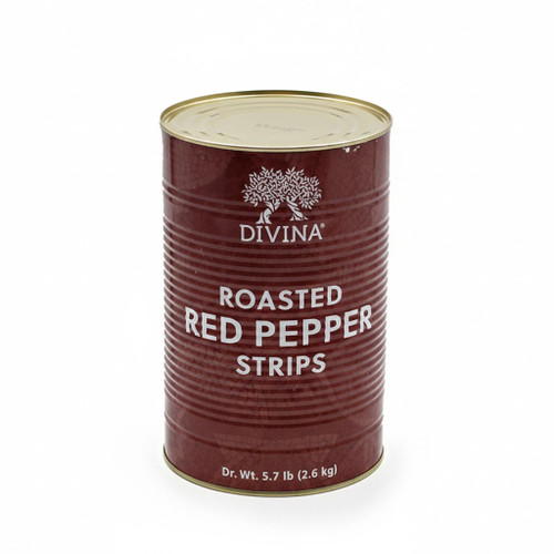 Bulk jar of Divina roasted red pepper strips for food service Flame roasted red pepper strips in brine for pizza toppings Professional 5.75 lb container of Mediterranean roasted peppers-CHICKEN PIECES
