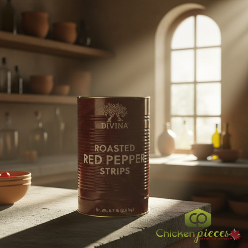 Bulk jar of Divina roasted red pepper strips for food service Flame roasted red pepper strips in brine for pizza toppings Professional 5.75 lb container of Mediterranean roasted peppers-CHICKEN PIECES