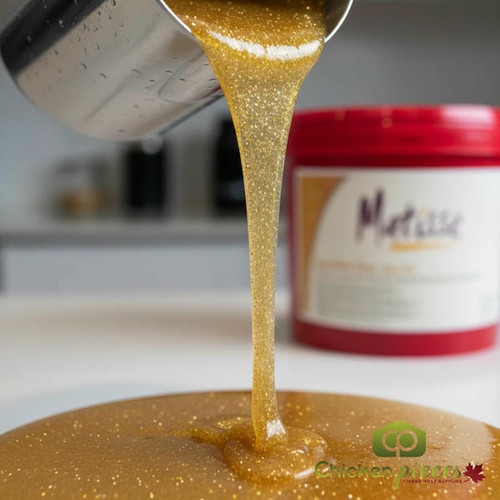 Matisse 7kg pail of gold glitter mirror glaze; Professional gold sparkling pastry glaze; Bulk ready-to-use cold application mirror glaze.-CHICKEN PIECES