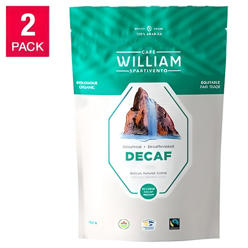 William Spartivento Naturally Decaffeinated Medium Roast Whole Bean Coffee - 2 x 750 g - Organic Fair Trade Excellence