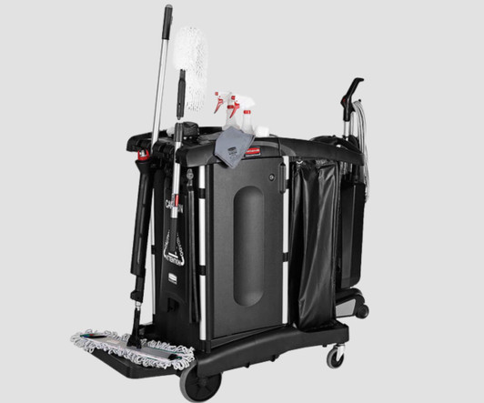 Rubbermaid Executive High Security Janitor Cart with Locking Hood and Cabinets - Secure Cleaning and Organization- Chicken Pieces