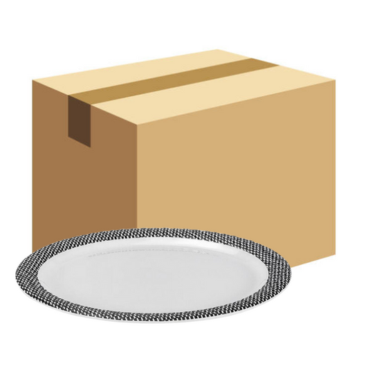 Bon Chef Americana 12 1/2" Black Checkered Rim Melamine Buffet Plate - 24/Case. CHICKEN PIECES.