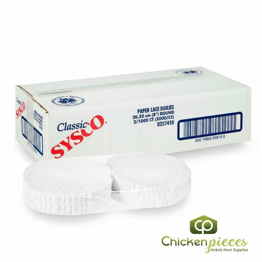 Sysco Classic Doily Lace Round White 8in. 1000sheets 7Lbs/120oz (2/Case)-Canadian Made