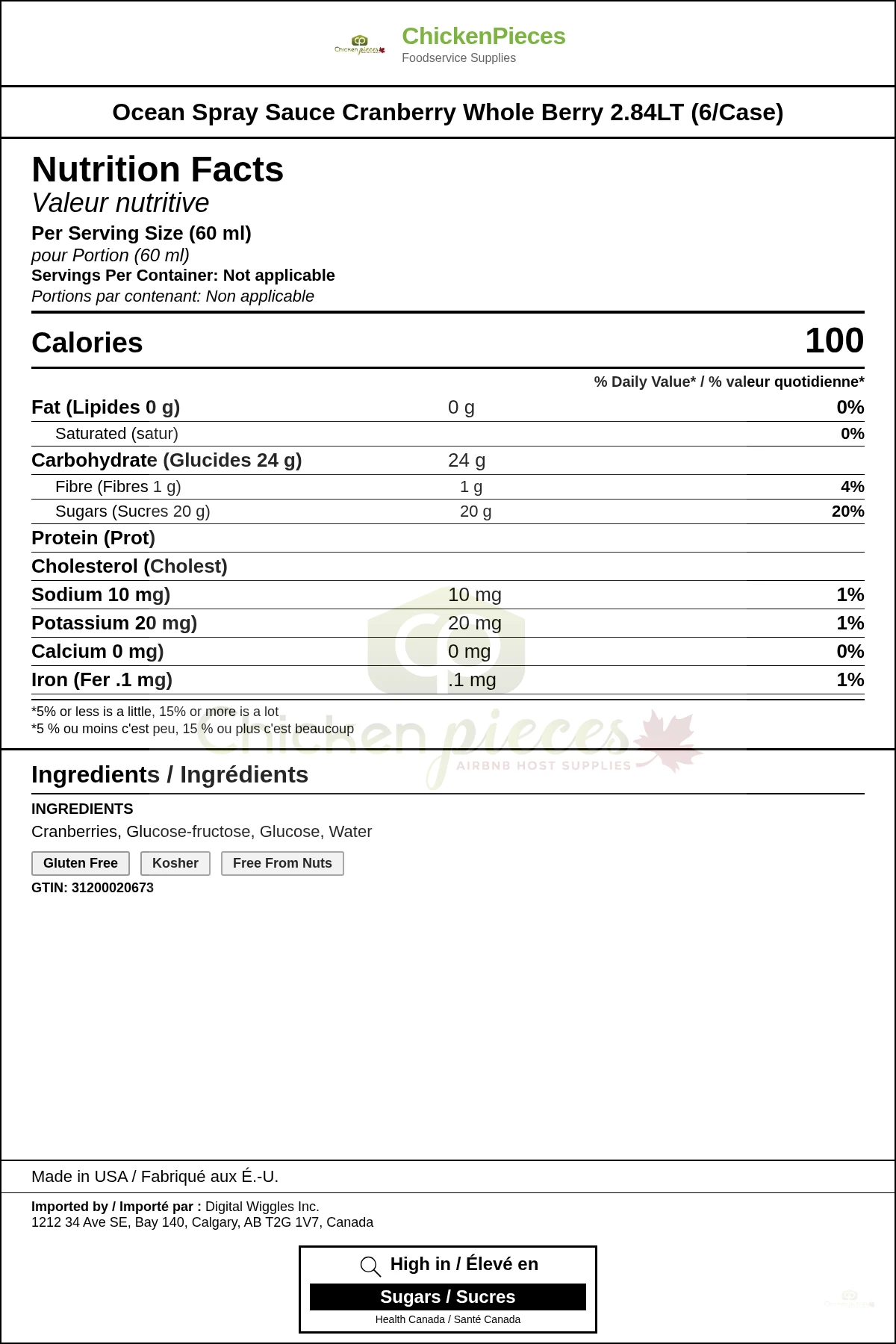 Ocean Spray Sauce Cranberry Whole Berry 2.84LT  (6/Case)