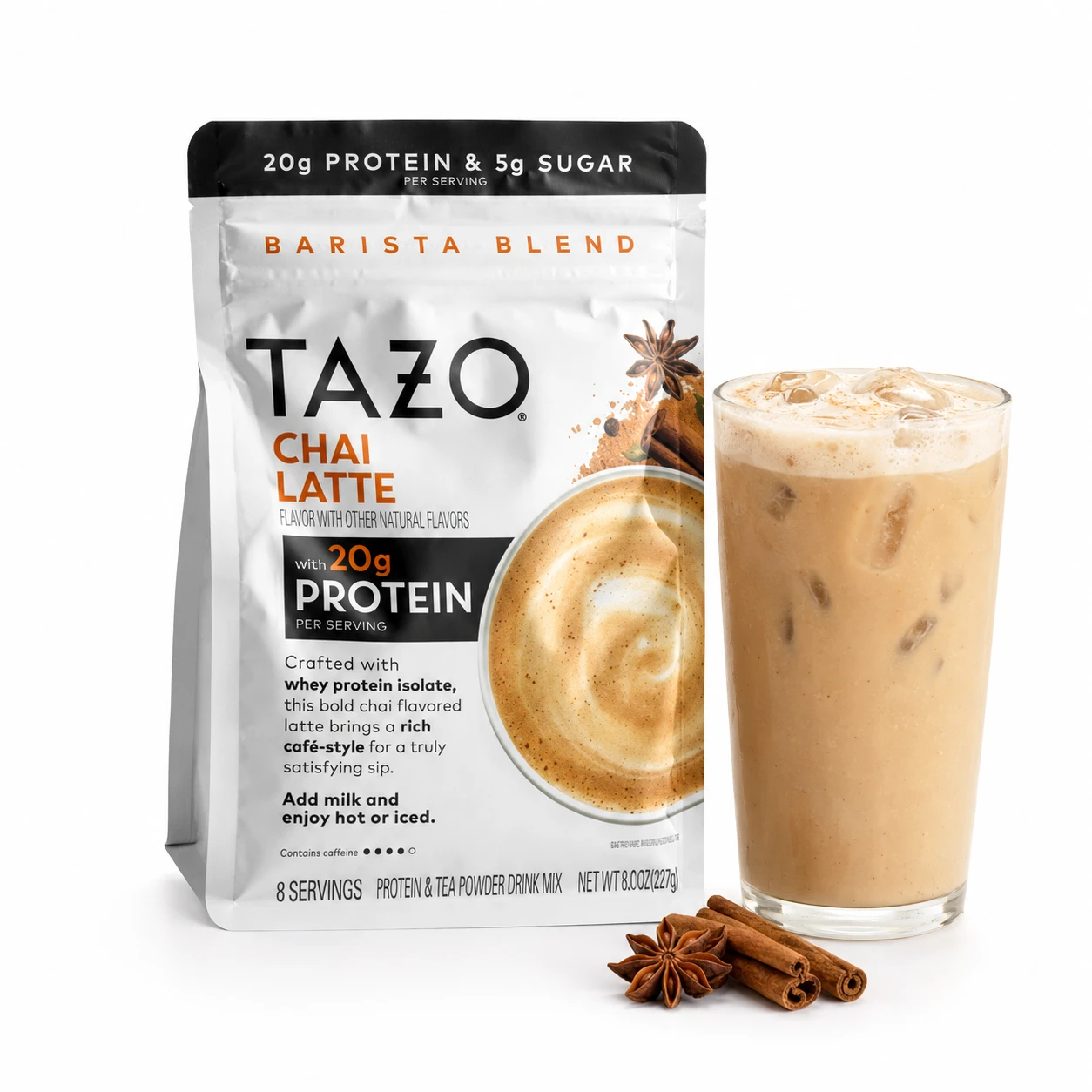 TAZO 20g Protein Classic Chai Latte Powder, with Whey Protein Isolate, 8 Servings, 8.3oz