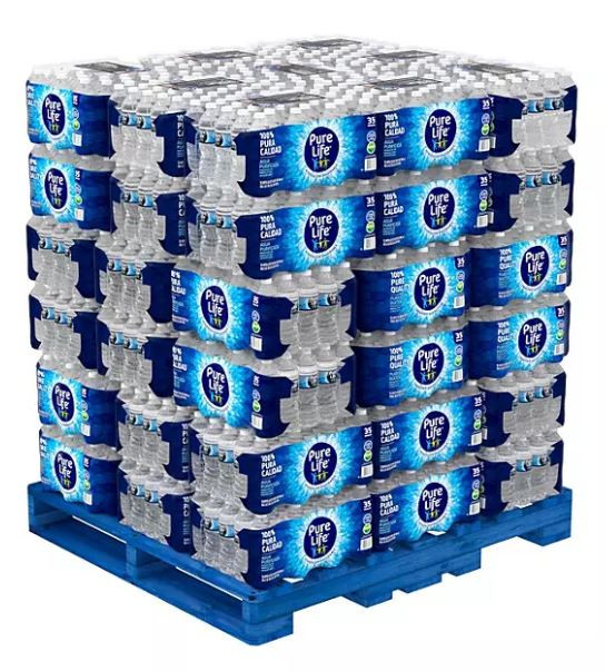 Full pallet of Pure Life bottled water shrink-wrapped for transport