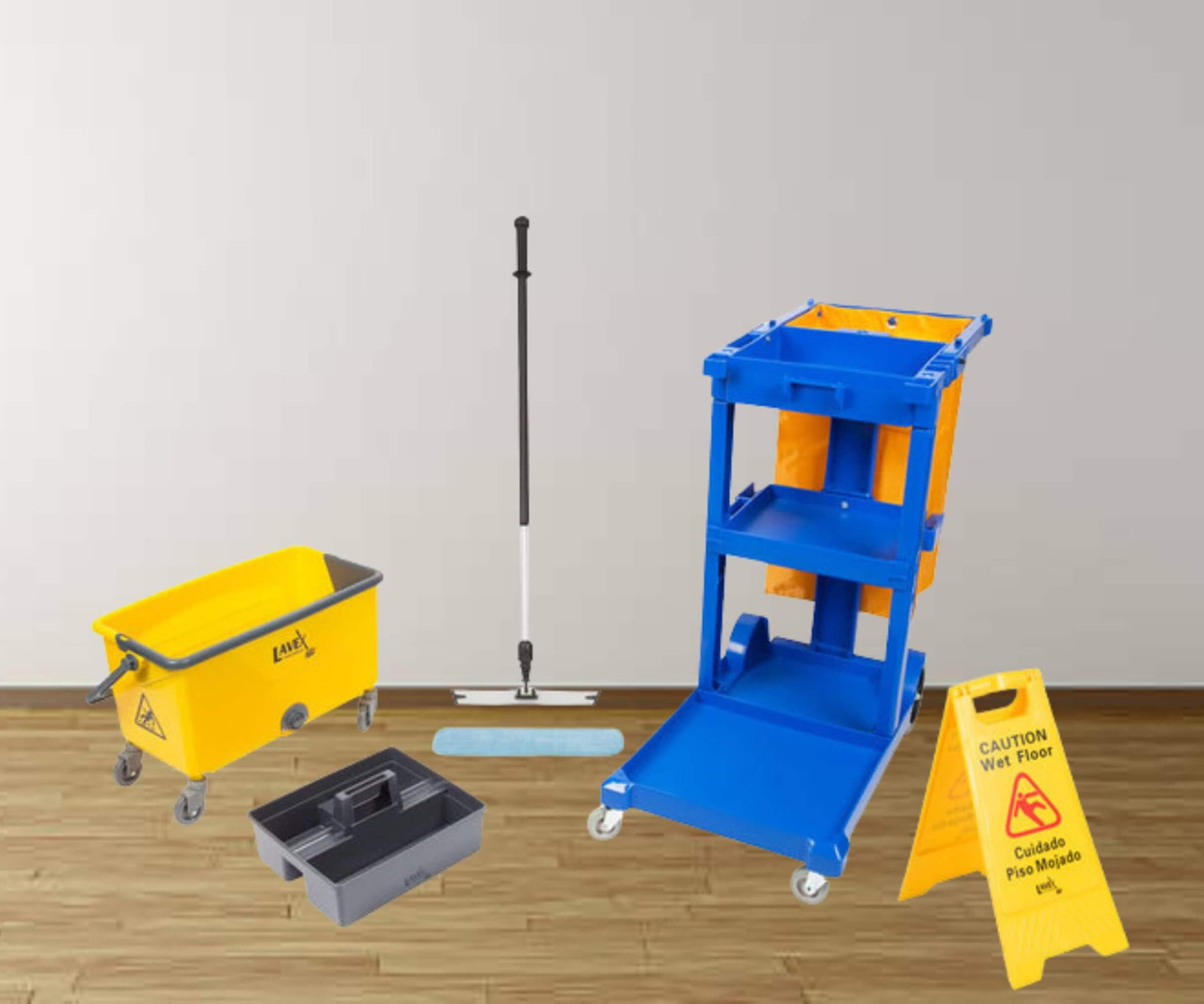 CP Janitorial Blue Janitor Cart and Microfiber Wet Mop Kit