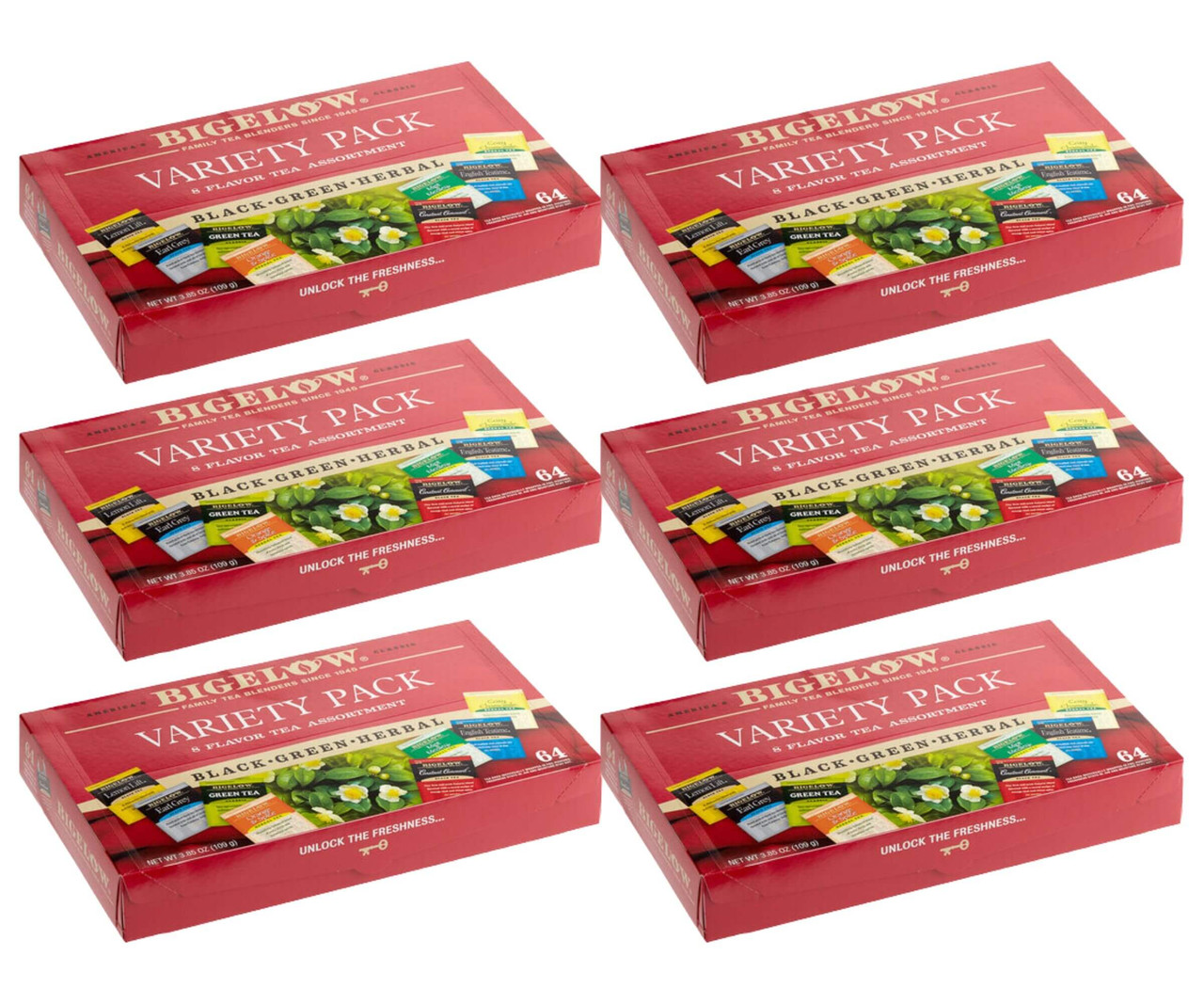 Bigelow All-Natural Tea Bag Variety Tray Pack - 64-Count Box (6/Case)