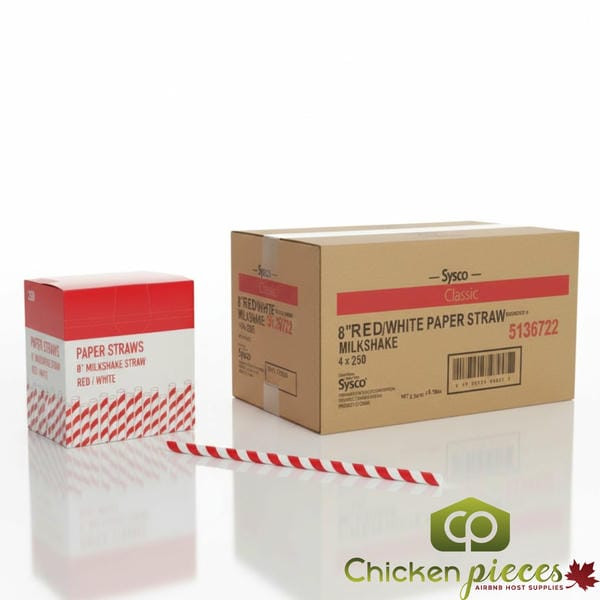 Sysco Classic Straw Paper Compostable Milkshake 8 Red/White 250 CT (4/Case)