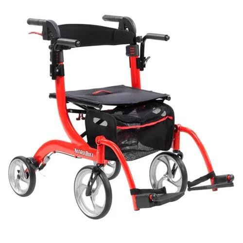 Drive Medical Nitro Duet Dual Function Transport Wheelchair and Rollator Rolling Walker, Red