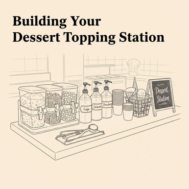 Building Your Dessert Topping Station &mdash; commercial restaurant counter with Cal-Mil stackable dispensers, topping jars, ice cream scoop and serving containers