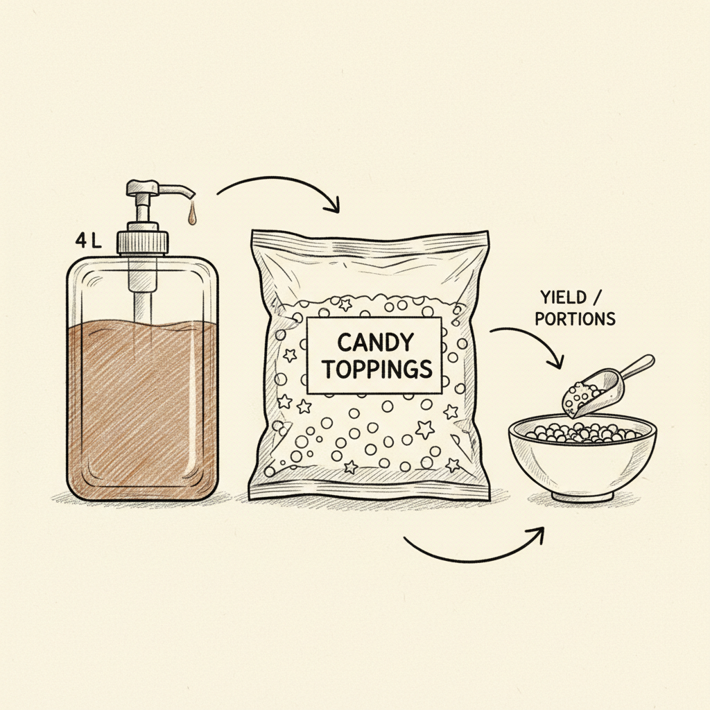 bulk ice cream topping storage and portion yield comparison &mdash; Lynch 4L sauce jug versus TOPPERS 10lb candy bag for Canadian restaurants