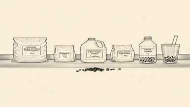 Bulk bubble tea ingredients on stainless commercial prep surface &mdash; tapioca pearl bags, Bossen powder mixes, fruit syrup bottles, fructose jug &mdash; Canadian food service