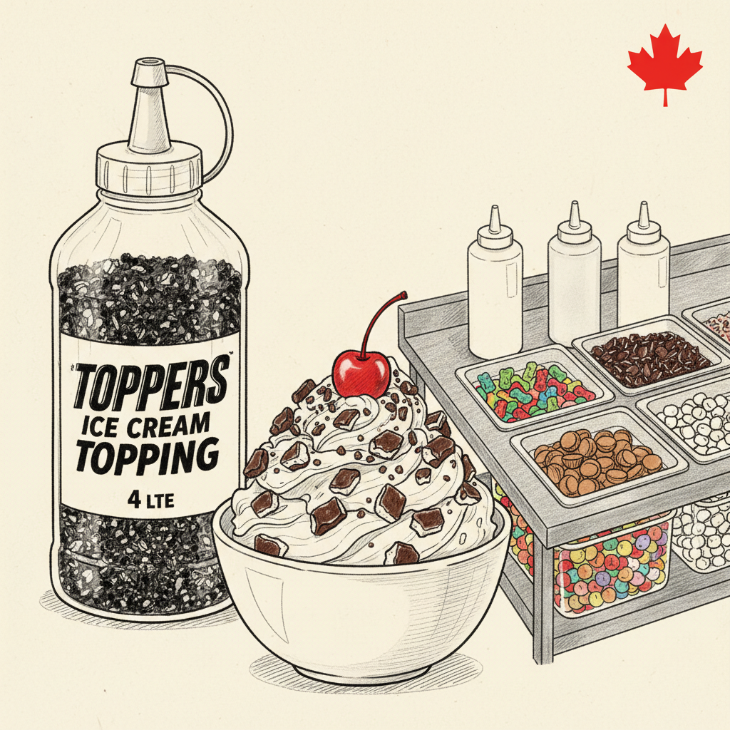 TOPPERS candy ice cream toppings bulk containers with crushed Snickers and Twix over Canadian ice cream sundae