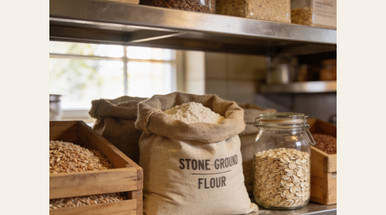 Burlap sacks of stone-ground flour and glass jars of rolled oats on a commercial pantry shelf