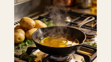 Cast iron pan on a gas stove with melted beef tallow and raw potatoes in a commercial kitchen
