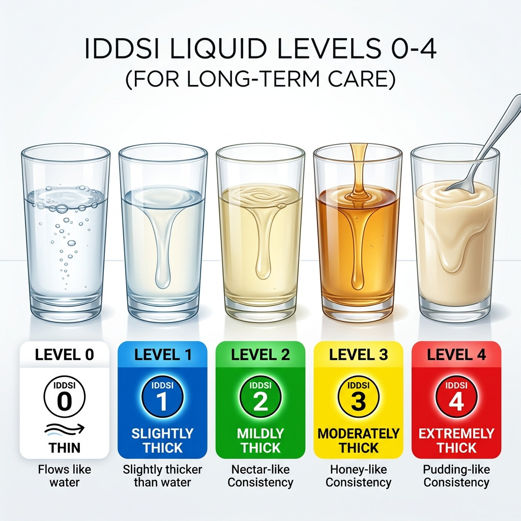 IDDSI beverage levels chart showing Level 0 through Level 4 liquid thickness
