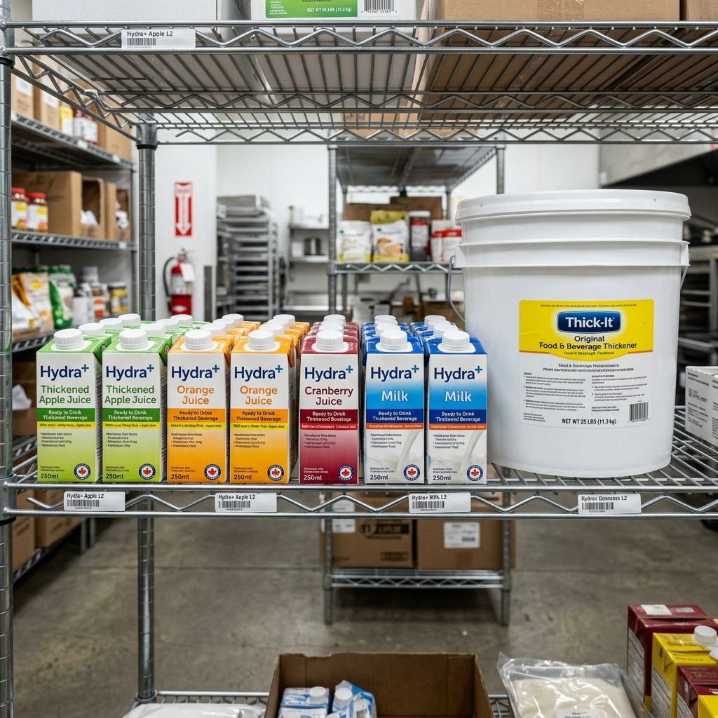 Hydra+ thickened beverages and Thick It powder on a commercial storeroom shelf