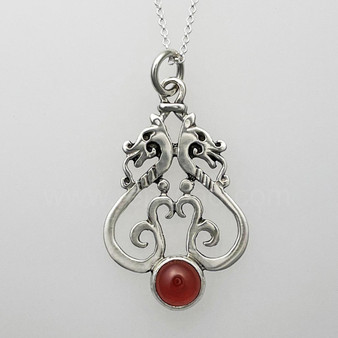 Môr Draig Gem Pendant, dragons with curls and beads above an 8mm gemstone.