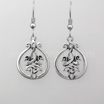 The Cygnet Earrings feature 2 entwined baby swans facing outward above a curved trinity knot within a smooth frame.