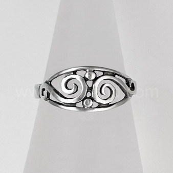 The Theia Ring features an almond shape frame with pierced silver swirls and bead accents.