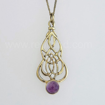 The Blàth Gem Pendant has intricate knotwork and an 8mm gemstone. Shown in 14kt yellow gold with Amethyst.