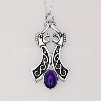 The Beithir Gem Pendant features two stylized serpent dragon heads with a 10x14mm gemstone at the bottom. Shown with Amethyst.