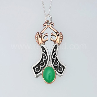 The Beithir Gem Pendant features two stylized serpent dragon heads with a 10x14mm gemstone at the bottom. Sterling & rose gold with Chrysoprase.