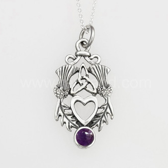 The Lannier Gem Pendant features thistles, leaves, a trinity knot, a heart and a 6mm gem. Pictured with Amethyst.