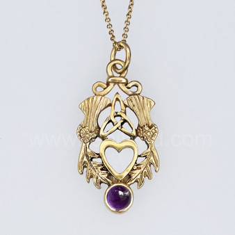 The Lannier Gem Pendant features thistles, leaves, a trinity knot, a heart and a 6mm gem. Pictured in yellow gold with Amethyst.