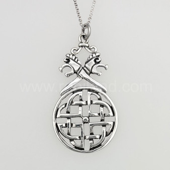The Vorthr Knot Pendant has stylized serpent dragon heads above a large circular shield knot.