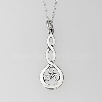 The Grian Triskele Pendant features a graceful twist drop with a triskele.