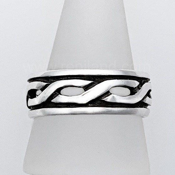 The Infinity wide band has twisted pierced knotwork with rims.