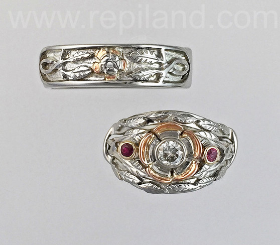 Tudor Rose Engagement Ring w jacket and Matching Band