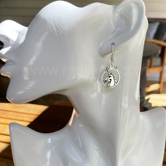 The Dìleab Earrings have a unicorn head in profile within a circle frame. Shown on full scale mannequin.