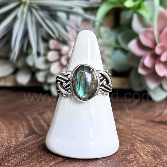 The Dain Gem Ring features grooved knotwork, beads and a 10x14 gemstone. Shown with Labradorite.