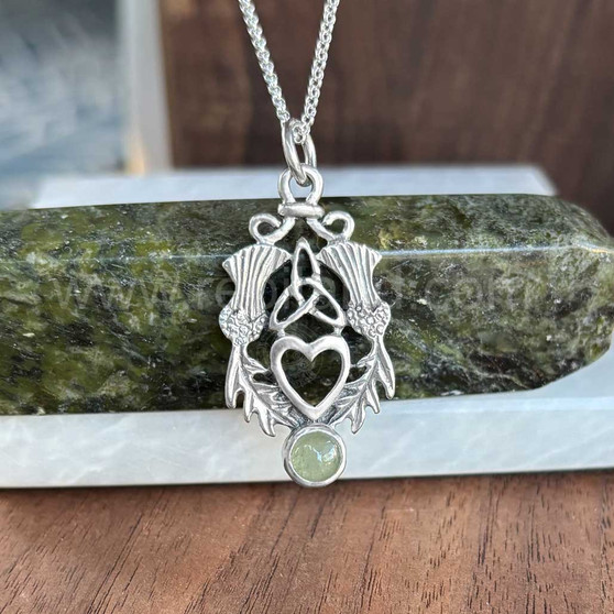 The Lannier Gem Pendant features thistles, leaves, a trinity knot, a heart and a 6mm gem. Pictured with Aventurine.