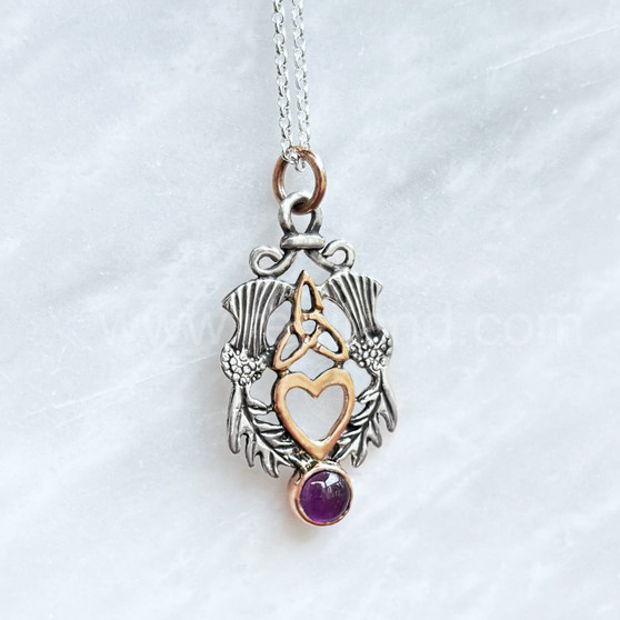 The Lannier Gem Pendant features thistles, leaves, a trinity knot, a heart and a 6mm gem. Pictured in sterling, rose gold and Amethyst.