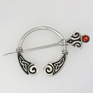 Penannular featuring elongated trinity knots and swirled ends, pin top has 6mm gem.