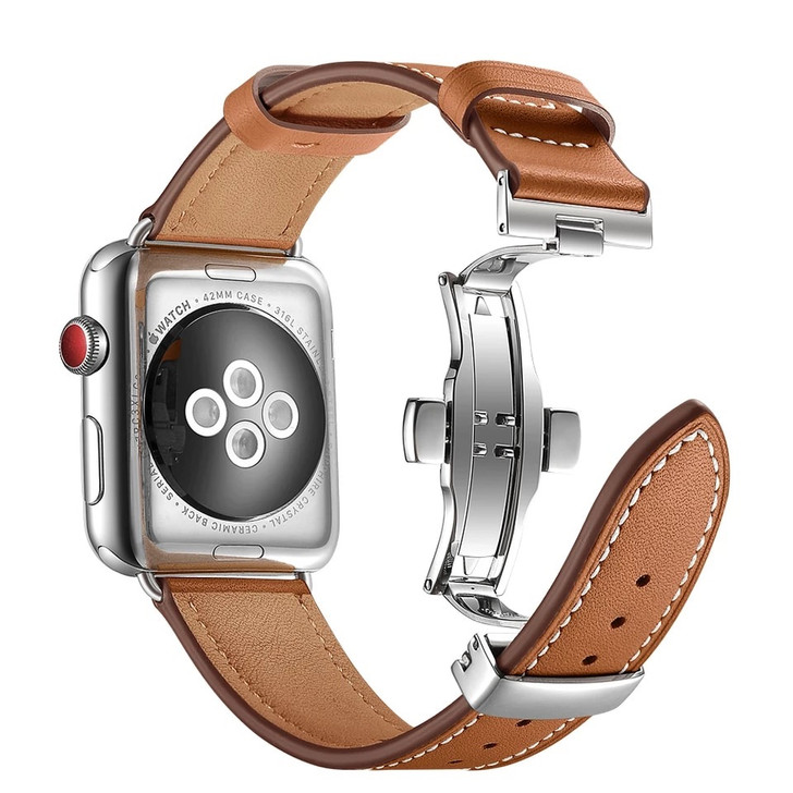 Genuine Leather & Butterfly Clasp Strap Band For Apple Watch