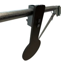 Close-up detail of 1/2-inch AR500 steel spinner plate with CNC laser-cut edges and mounting shaft spacers designed for smooth rotational movement on impact