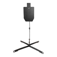 Complete AR500 steel target package displayed with upright stand and 12x20 silhouette plate, ready for pistol and rifle training at outdoor range.