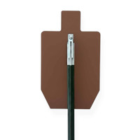 Steel target mounted on T-Post Hanger leaning forward on impact to direct bullet splash safely downward
