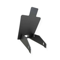 Modular steel shooting target system displayed with AR500 silhouette plate and AR400 base, showing tool-free design assembled for quick range setup and transport-ready breakdown.
