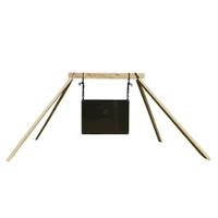 Large rectangular steel gong target displayed on neutral studio background with chain mounting kit, hybrid hangers, and stand brackets arranged for product presentation.
