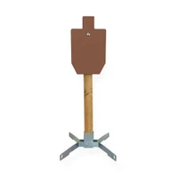 Complete AR550 static target package assembled on wooden 2x4 stand with steel hanger system for rifle and pistol training at outdoor shooting range