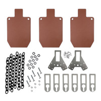 AR550 Hardox® steel gong target system with three 9x15 plates mounted on 2x4 stand using chain and hybrid hangers for long-range rifle training setup
