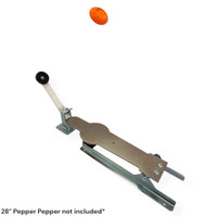 Example of how the clay flipper is used with the Shoot Steel 28" Pepper Popper in the down position launching the sporting clay into the air.