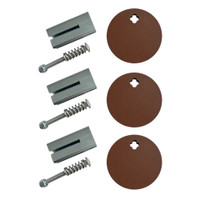 AR550 steel round target with T-post hanger displayed on clean background, showing 5-inch and 8-inch plate options and mounting hole placement